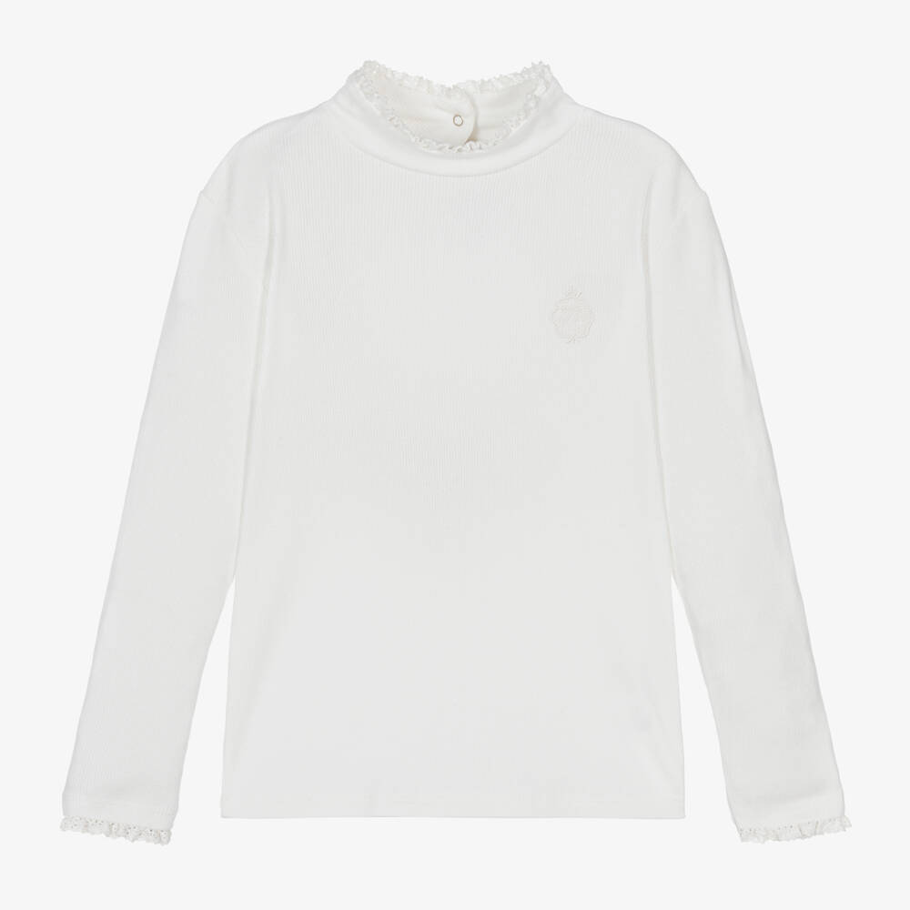 Tartine et Chocolat-Girls Cream Ribbed Cotton Turtleneck Top | Childrensalon Outlet