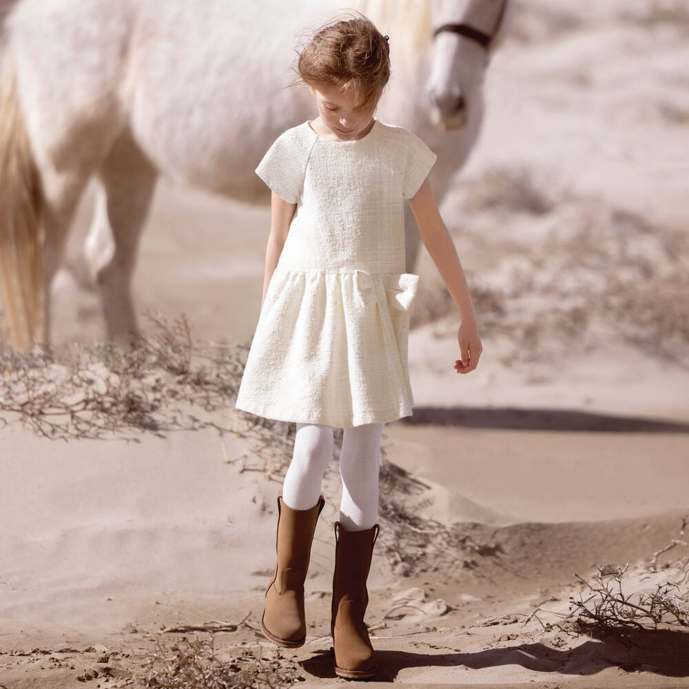 Tartine et Chocolat-Girls Cream Tweed Bow Dress | Childrensalon Outlet