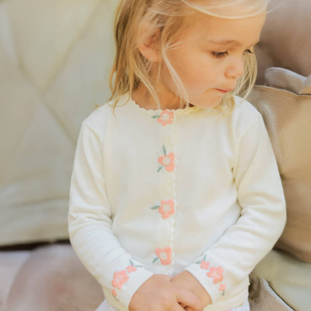 Tartine et Chocolat-Кремовый вязаный кардиган с цветами для девочек | Childrensalon Outlet