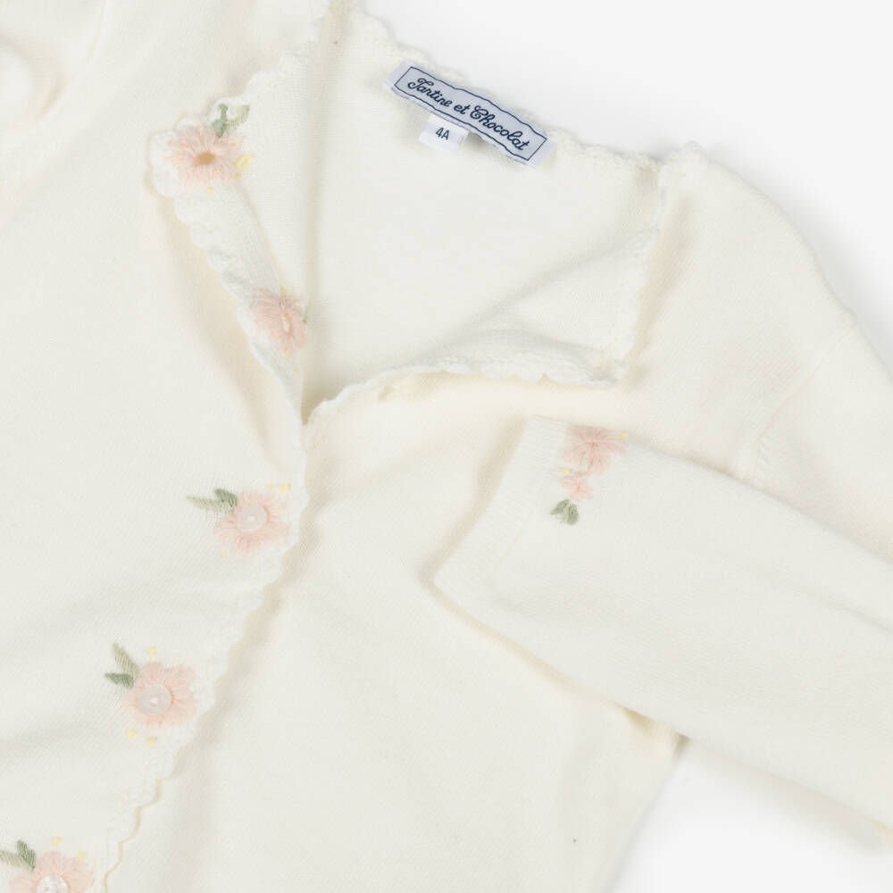 Tartine et Chocolat-Кремовый вязаный кардиган с цветами для девочек | Childrensalon Outlet
