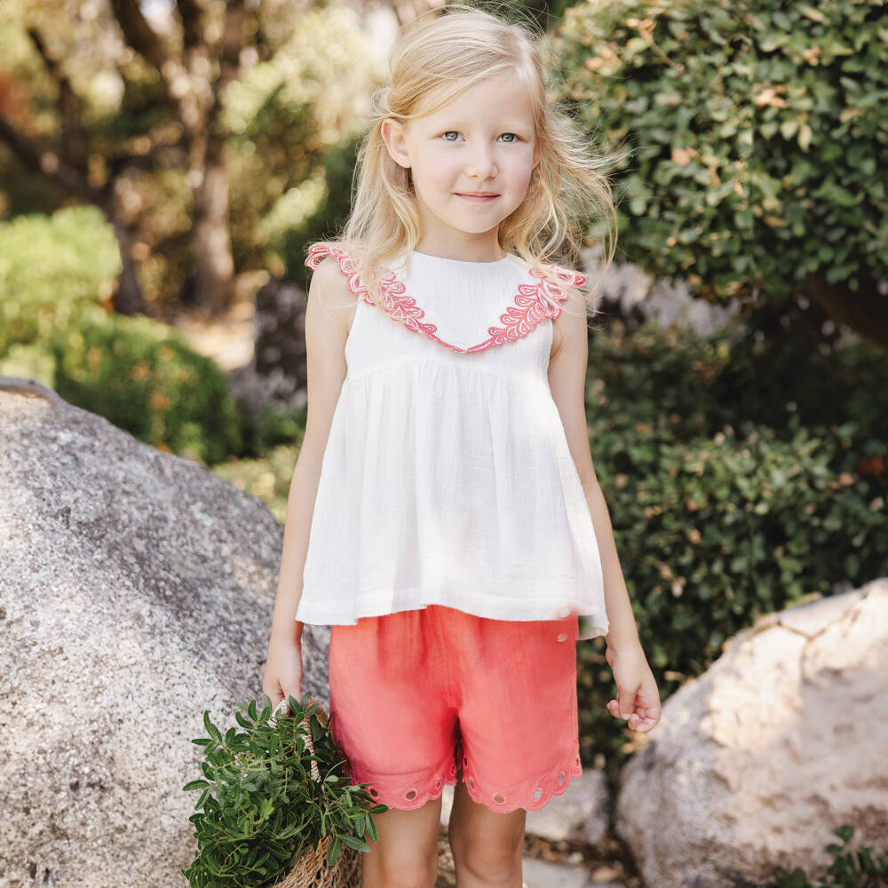 Tartine et Chocolat-Girls Creamy Cotton Top with Pink Details | Childrensalon Outlet