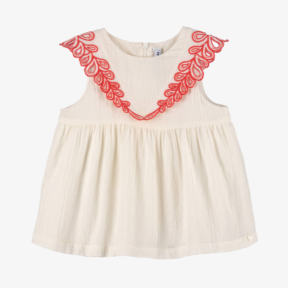 Tartine et Chocolat-Girls Creamy Cotton Top with Pink Details | Childrensalon Outlet