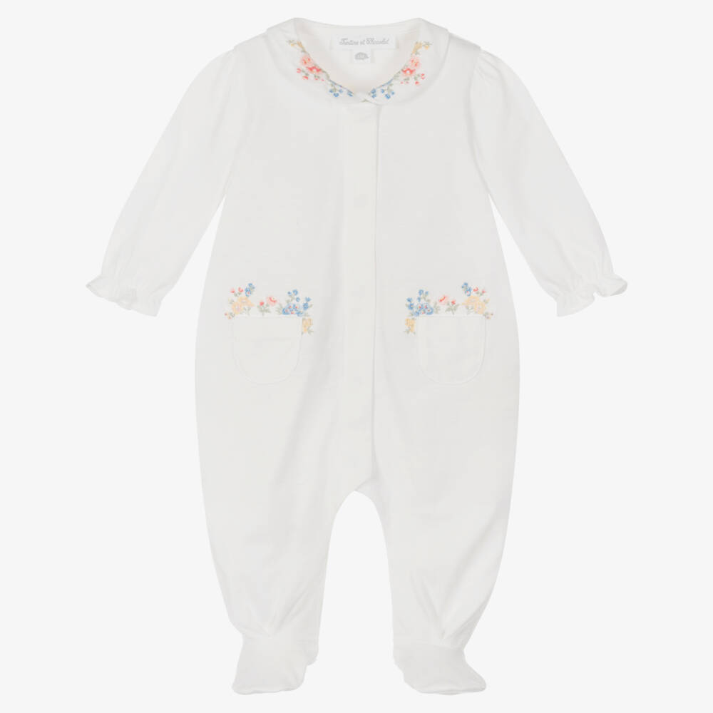 Tartine et Chocolat-Girls Delicate Floral Embroidered Sleepsuit | Childrensalon Outlet