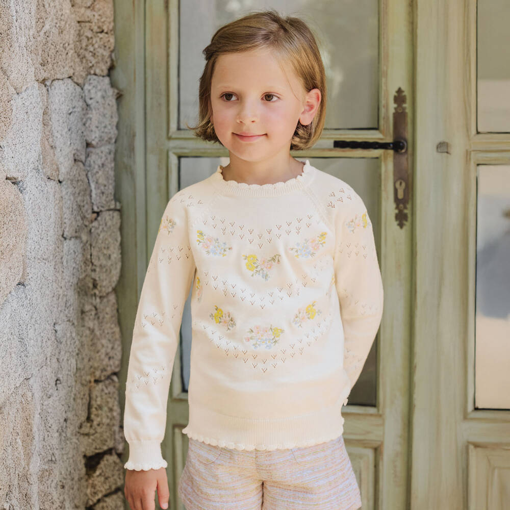 Tartine et Chocolat-Girls Delicate Ivory Bloom Sweater | Childrensalon Outlet