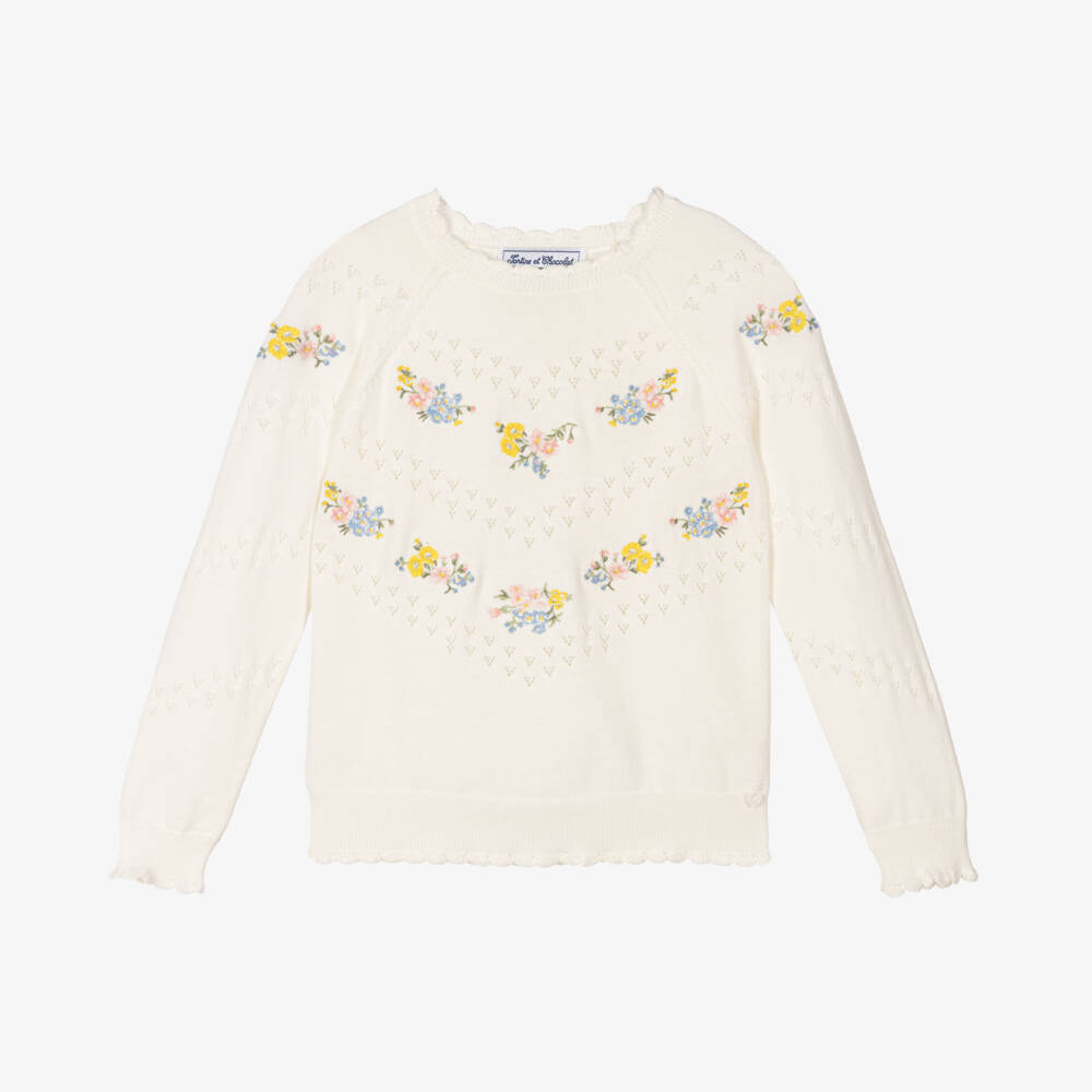 Tartine et Chocolat-Girls Delicate Ivory Bloom Sweater | Childrensalon Outlet