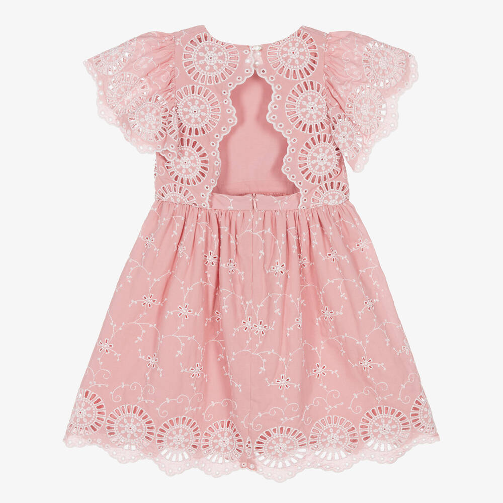 Tartine et Chocolat-Girls Dusky Pink Cotton Broderie Anglaise Dress | Childrensalon Outlet