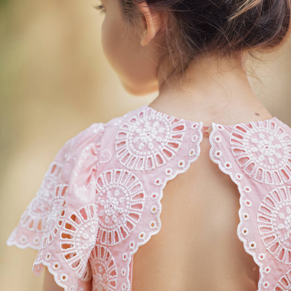 Tartine et Chocolat-Girls Dusky Pink Cotton Broderie Anglaise Dress | Childrensalon Outlet