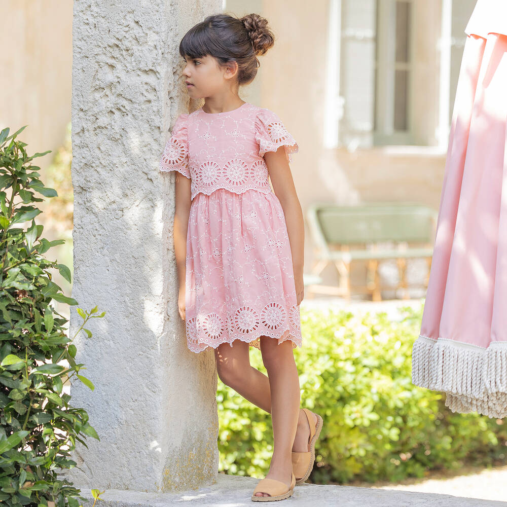 Tartine et Chocolat-Girls Dusky Pink Cotton Broderie Anglaise Dress | Childrensalon Outlet