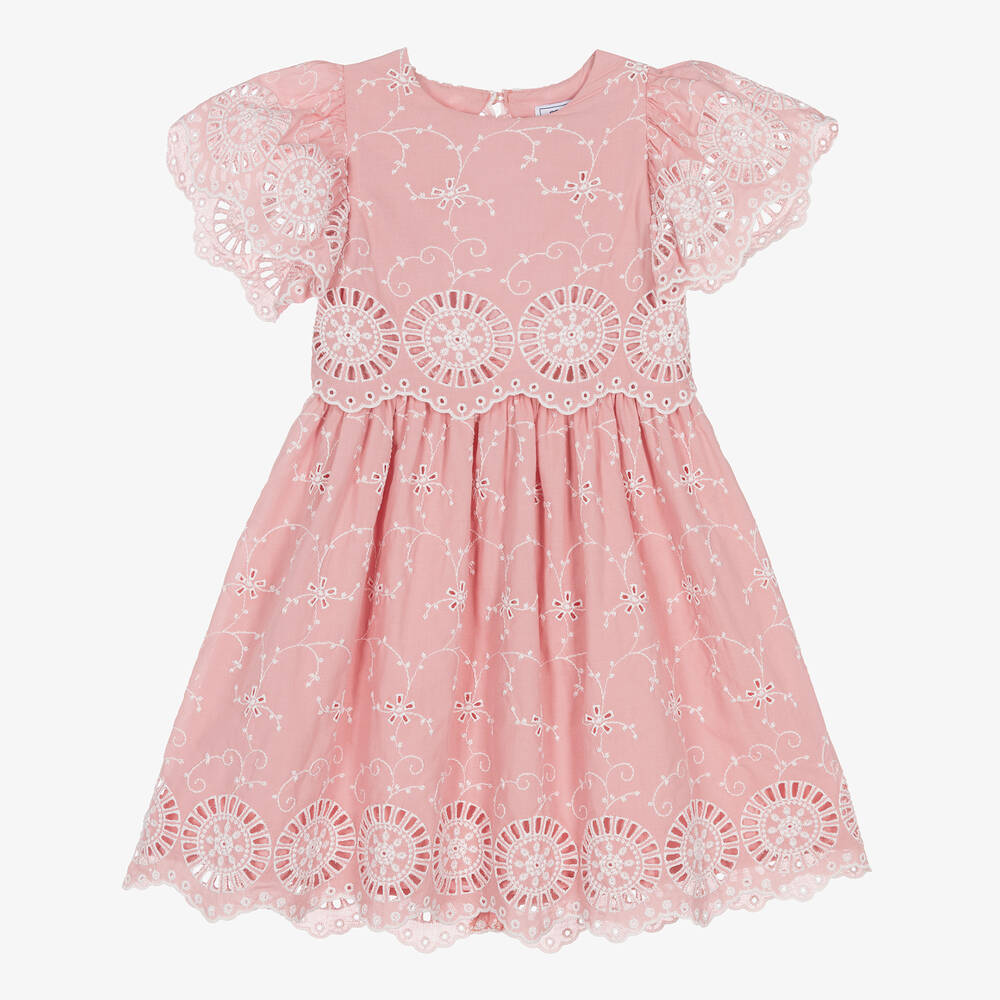 Tartine et Chocolat-Girls Dusky Pink Cotton Broderie Anglaise Dress | Childrensalon Outlet