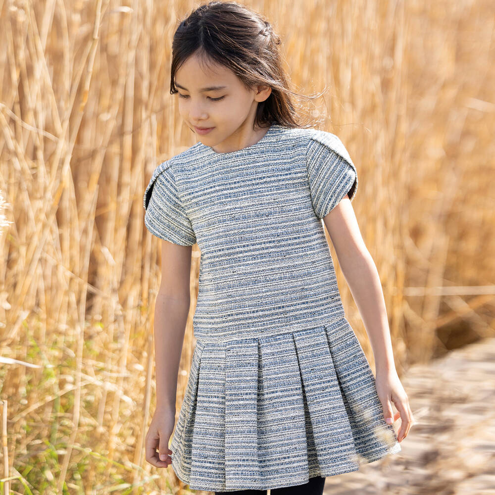 Tartine et Chocolat-Girls Elegant Blue Tweed Dress | Childrensalon Outlet