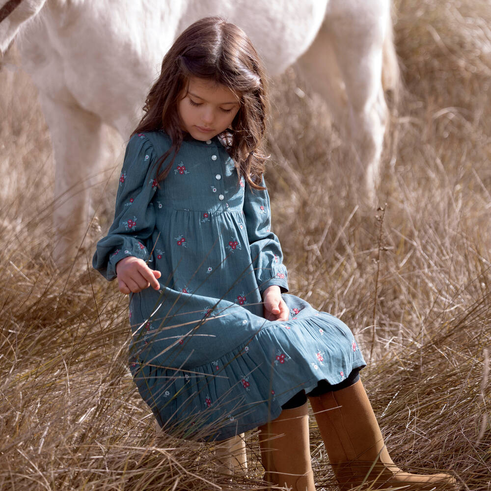 Tartine et Chocolat-Girls Embroidered Chambray Floral Dress | Childrensalon Outlet