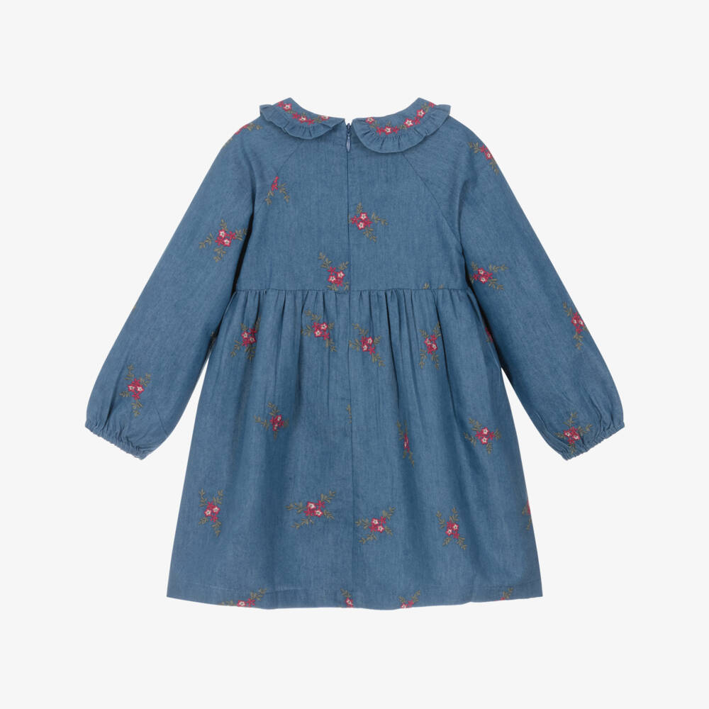 Tartine et Chocolat-Girls Floral Embroidered Blue Chambray Dress | Childrensalon Outlet
