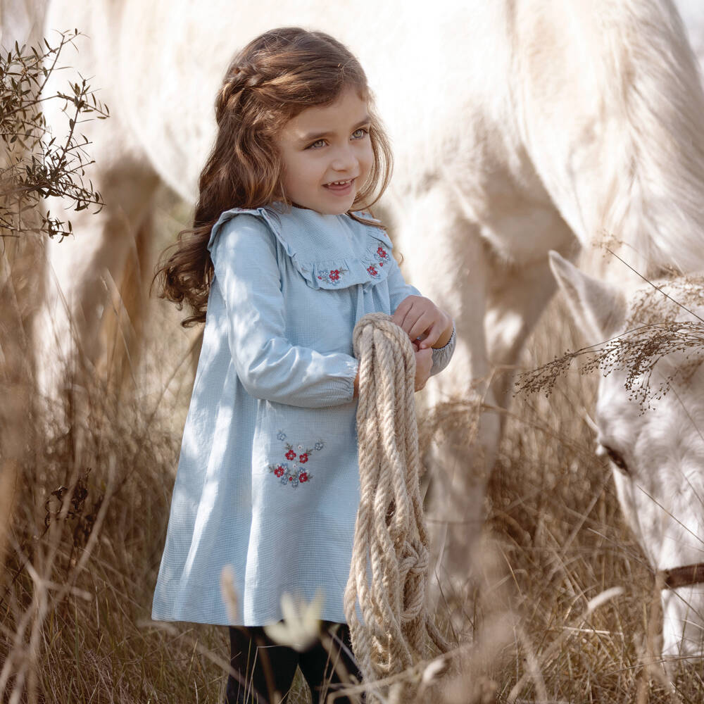 Tartine et Chocolat-فستان أطفال بناتي قطن جينغهام لون أزرق | Childrensalon Outlet