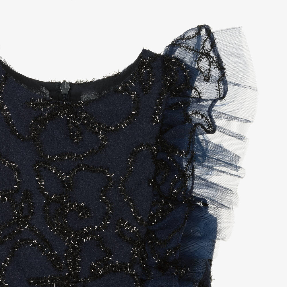 Tartine et Chocolat-Girls Glittery Blue Crêpe Organza Dress | Childrensalon Outlet