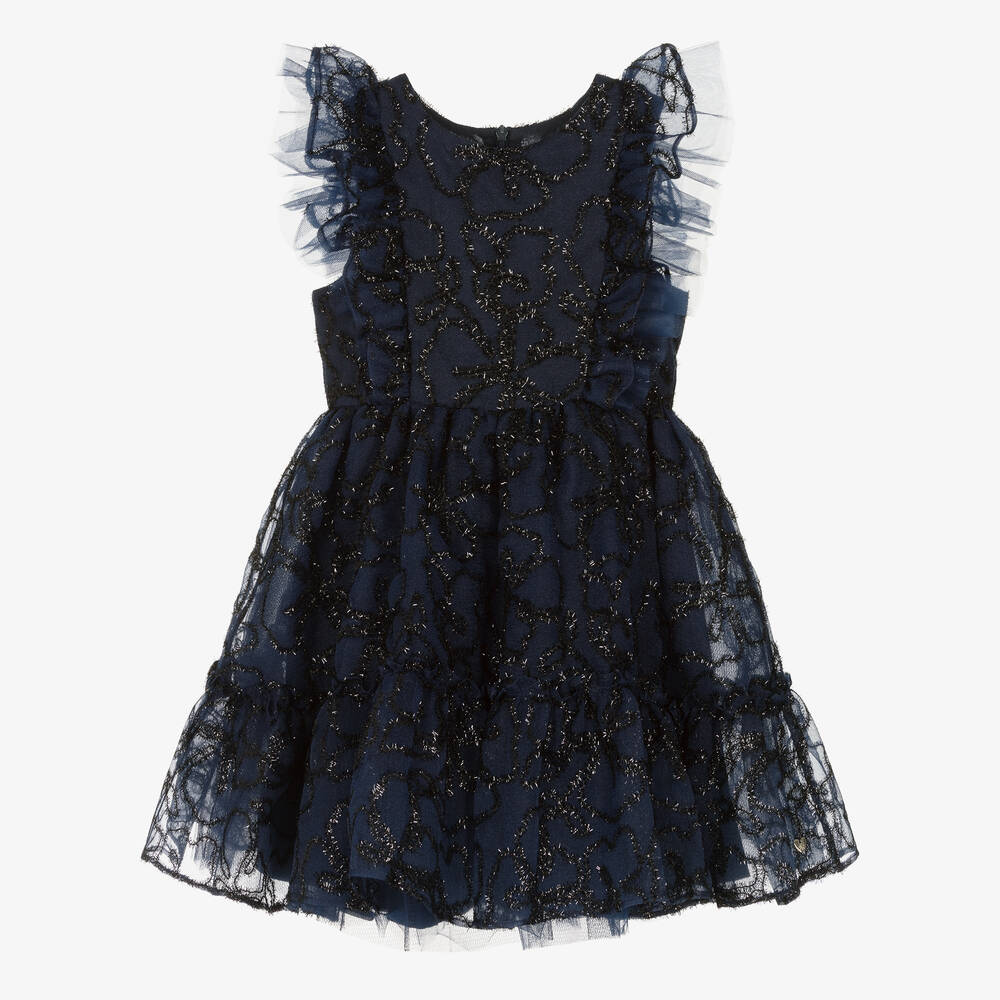 Tartine et Chocolat - Girls Glittery Blue Crêpe Organza Dress | Childrensalon