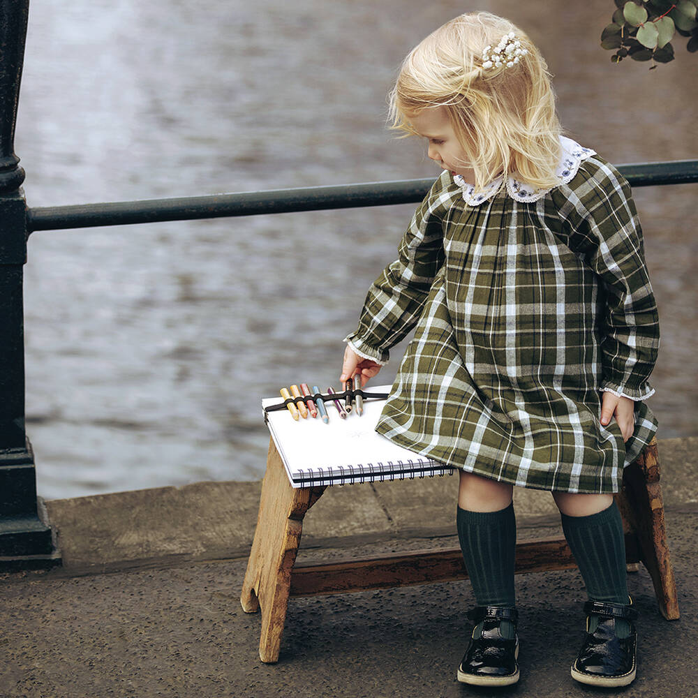 Tartine et Chocolat-فستان مزيج قطن تويل وفيسكوز كاروهات لون أخضر | Childrensalon Outlet