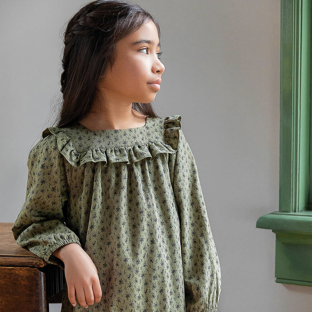 Tartine et Chocolat-Girls Green Cotton Floral Dress | Childrensalon Outlet