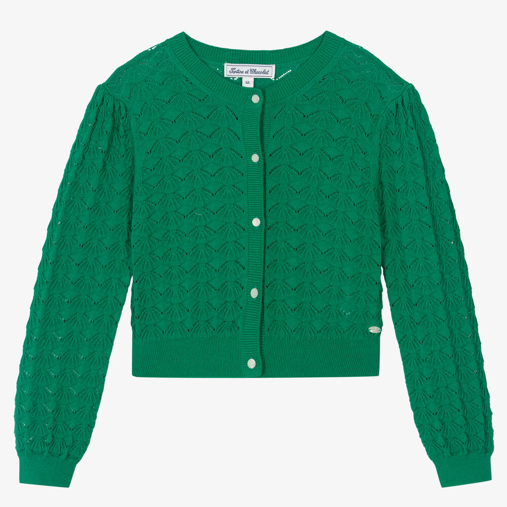 Tartine et Chocolat - Girls Green Cotton Knit Cardigan | Childrensalon