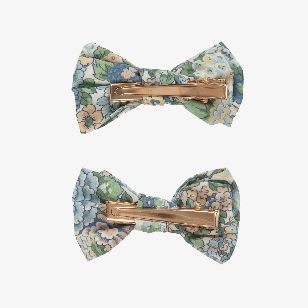 Tartine et Chocolat-Girls Green Floral Bow Clips Set | Childrensalon Outlet