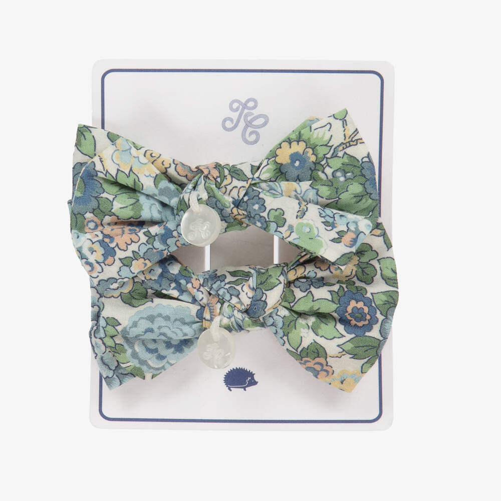Tartine et Chocolat-Girls Green Floral Bow Clips Set | Childrensalon Outlet
