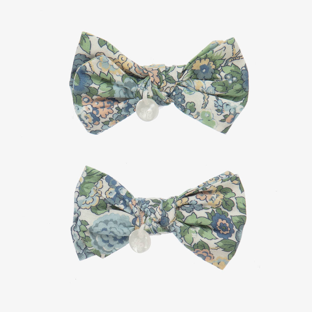 Tartine et Chocolat-Girls Green Floral Bow Clips Set | Childrensalon Outlet