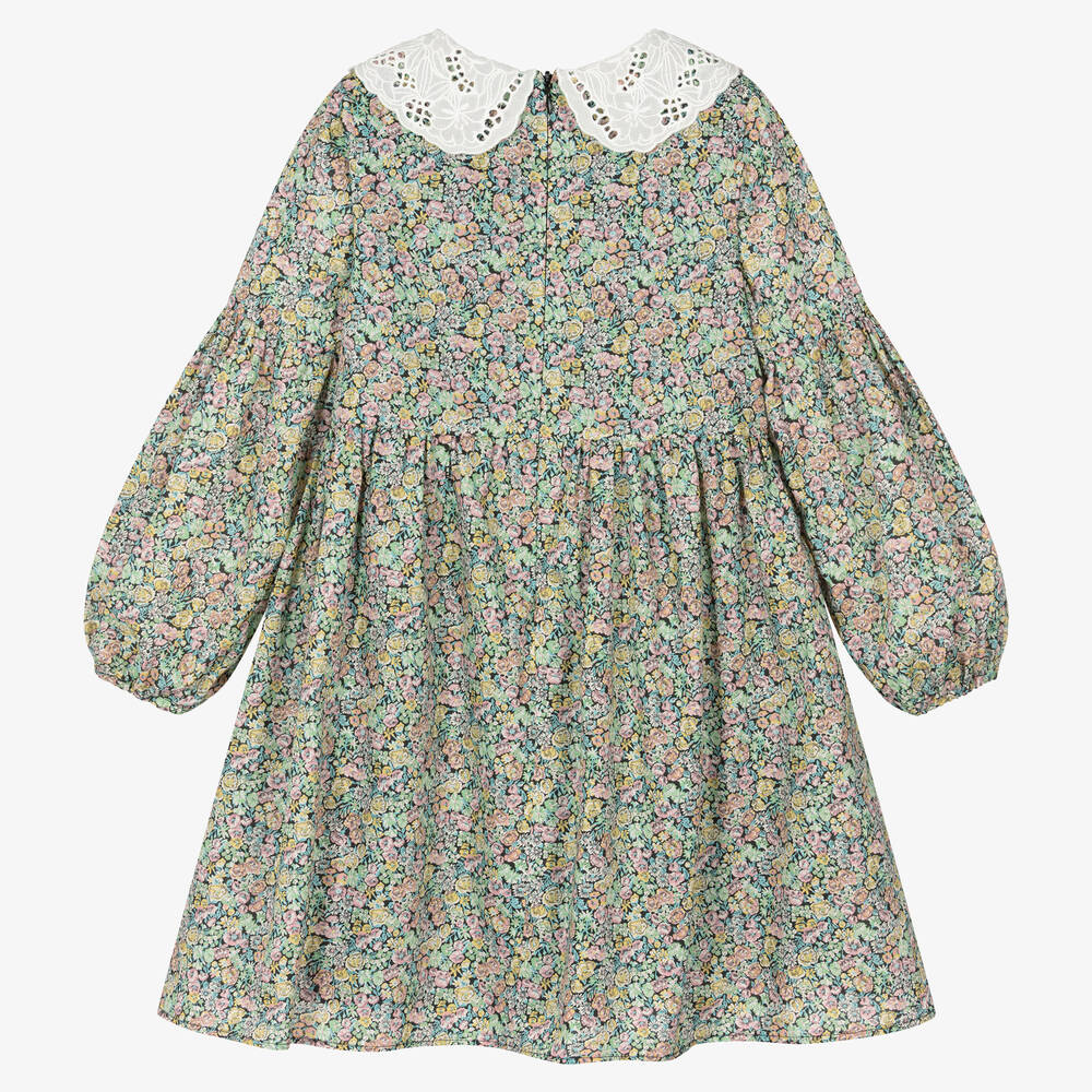 Tartine et Chocolat-فستان قطن لون أخضر بطبعة ورود | Childrensalon Outlet