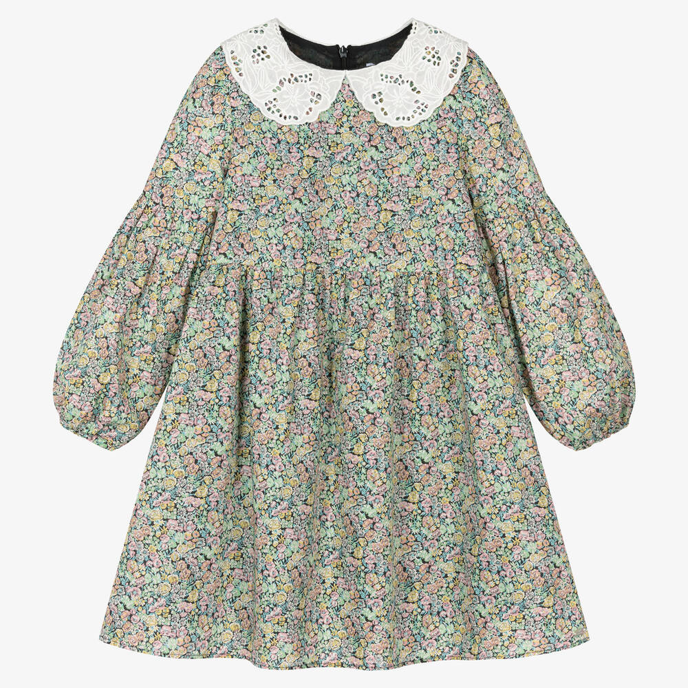Tartine et Chocolat - Girls Green Floral Cotton Dress | Childrensalon