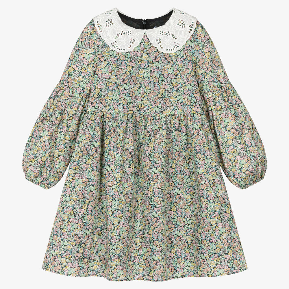 Tartine et Chocolat-Girls Green Floral Cotton Dress | Childrensalon Outlet
