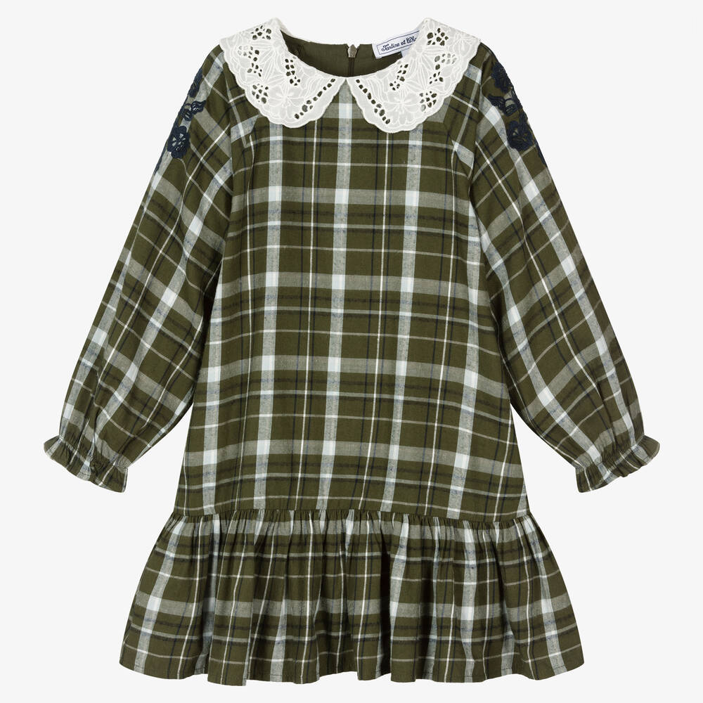 Tartine et Chocolat - Girls Green Tartan Cotton Dress | Childrensalon