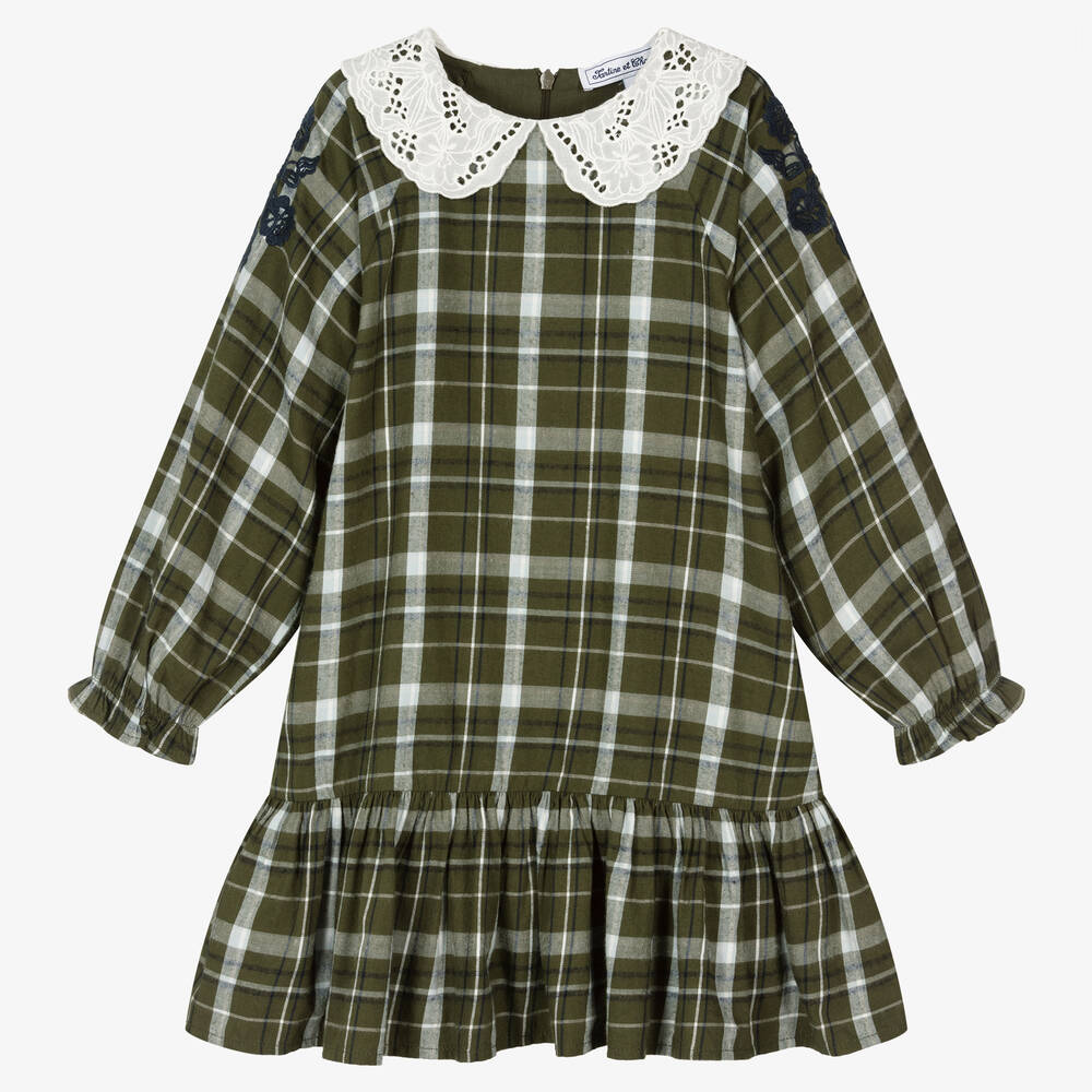 Tartine et Chocolat - Robe écossaise verte en coton fille | Childrensalon