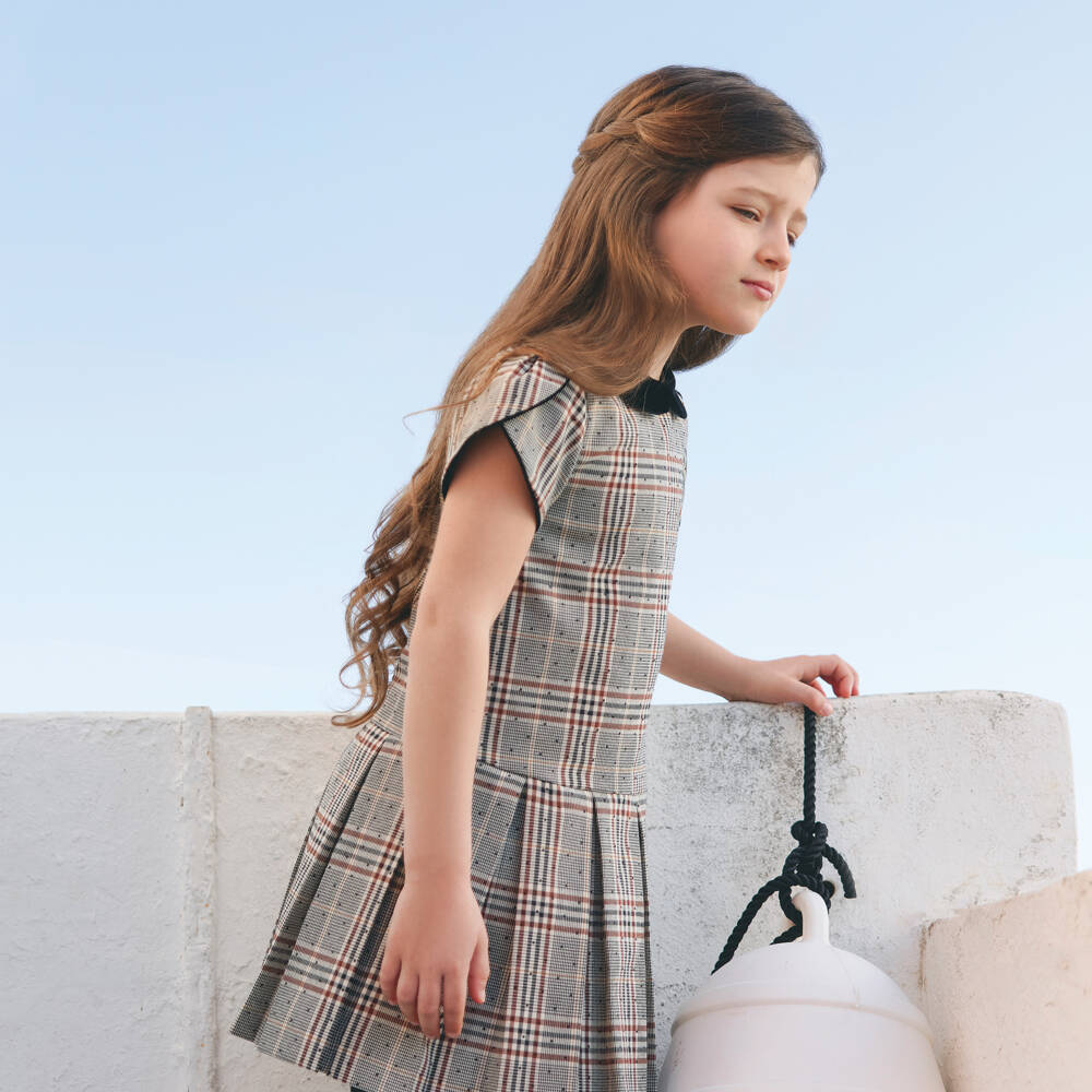 Tartine et Chocolat-Girls Grey & Beige Check Dress with Velvet Collar | Childrensalon Outlet