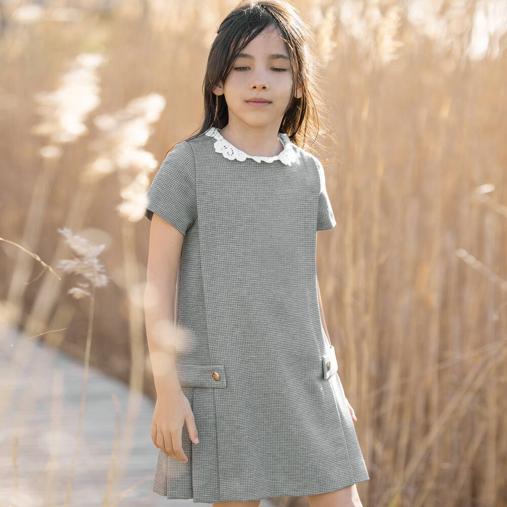 Tartine et Chocolat-Girls Grey Dogstooth Dress | Childrensalon Outlet