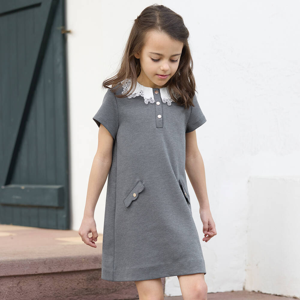 Tartine et Chocolat-Girls Grey Dress with Lace Collar | Childrensalon Outlet