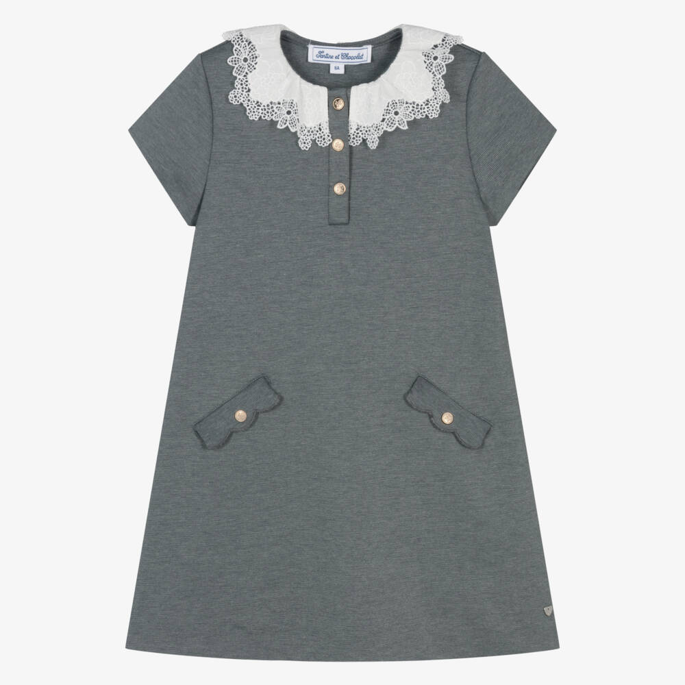 Tartine et Chocolat-Girls Grey Dress with Lace Collar | Childrensalon Outlet