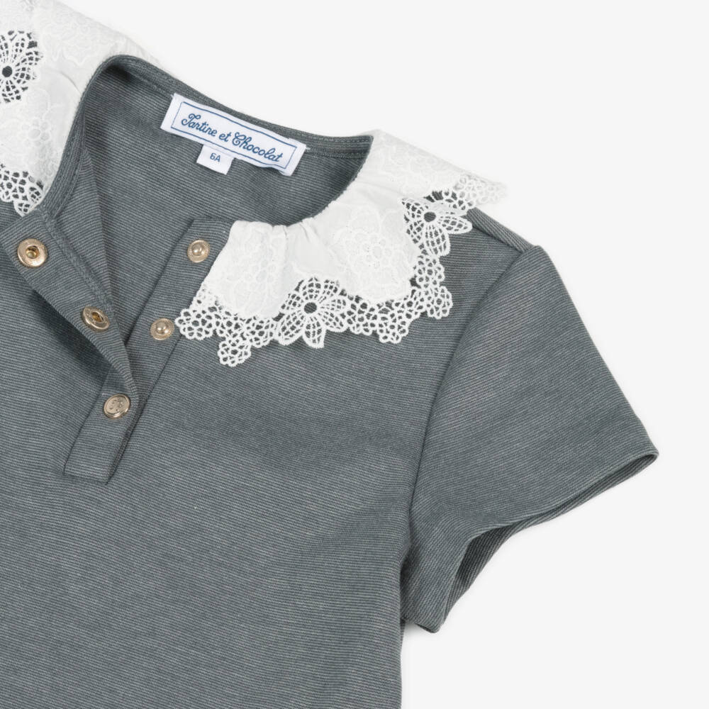 Tartine et Chocolat-Girls Grey Dress with White Lace Collar | Childrensalon Outlet