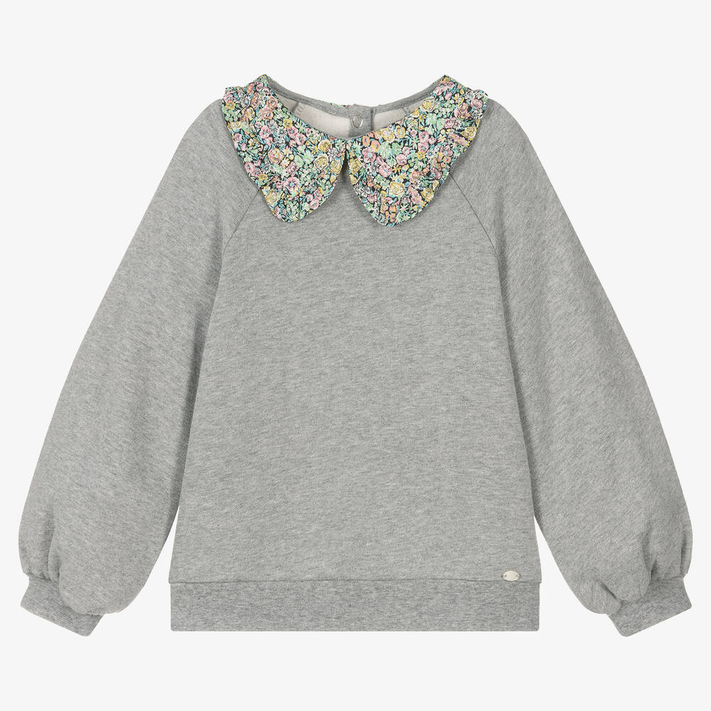 Tartine et Chocolat - Girls Grey Floral Collar Sweatshirt | Childrensalon