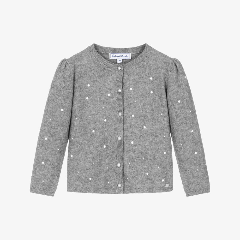 Tartine et Chocolat-Girls Grey Knitted Cardigan with Pearl Beads | Childrensalon Outlet