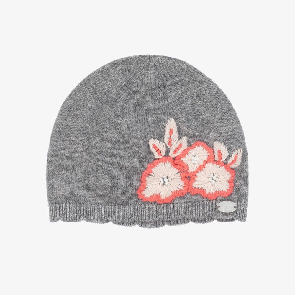 Tartine et Chocolat-Girls Grey Knitted & Embroidered Floral Hat | Childrensalon Outlet