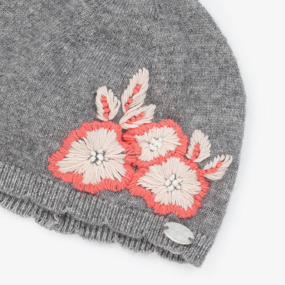 Tartine et Chocolat-Girls Grey Knitted & Embroidered Floral Hat | Childrensalon Outlet