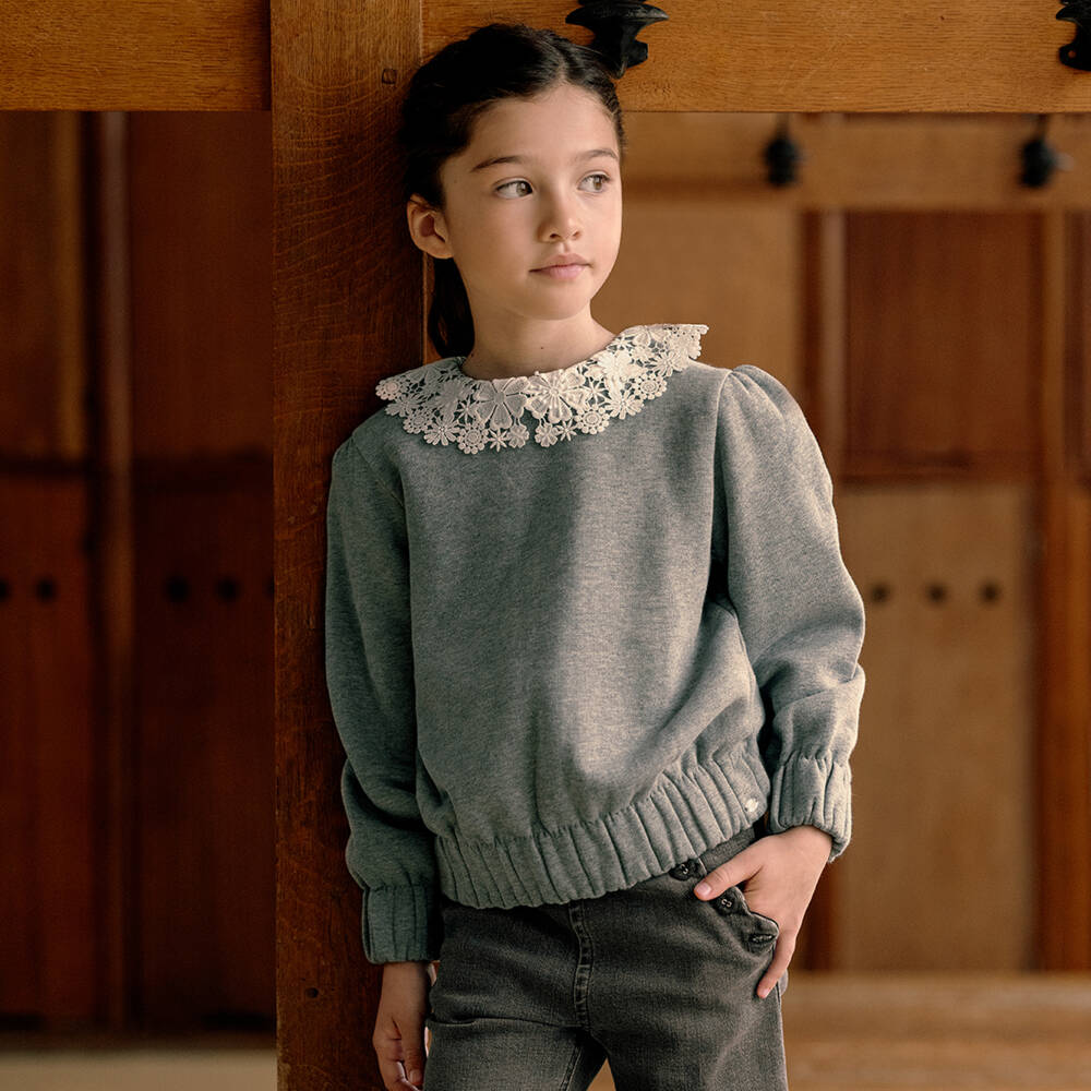 Tartine et Chocolat-Girls Grey Lace Trim Jumper | Childrensalon Outlet