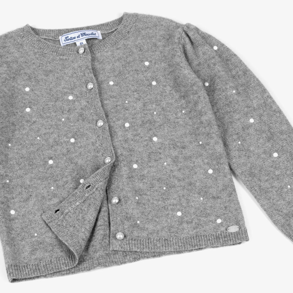 Tartine et Chocolat-Girls Grey Pearl Button Cardigan | Childrensalon Outlet