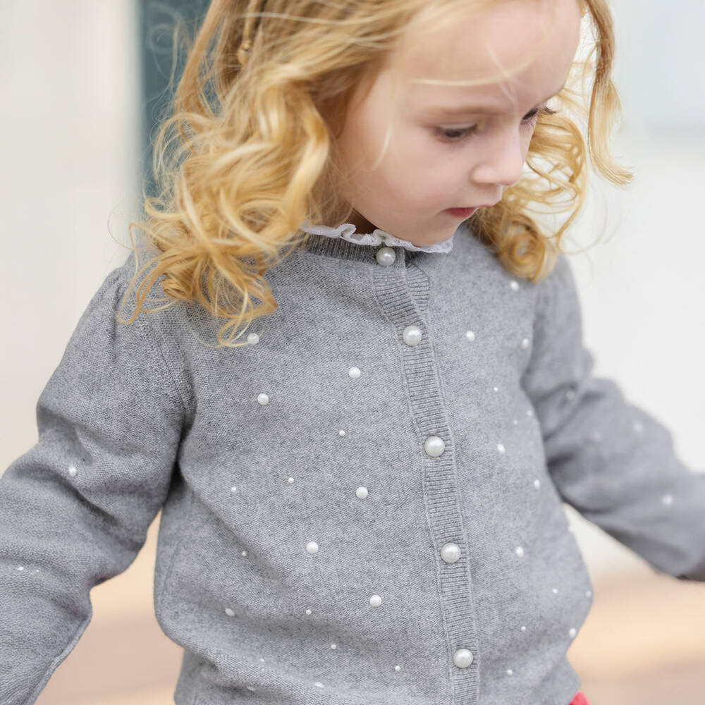 Tartine et Chocolat-Girls Grey Pearl Button Cardigan | Childrensalon Outlet