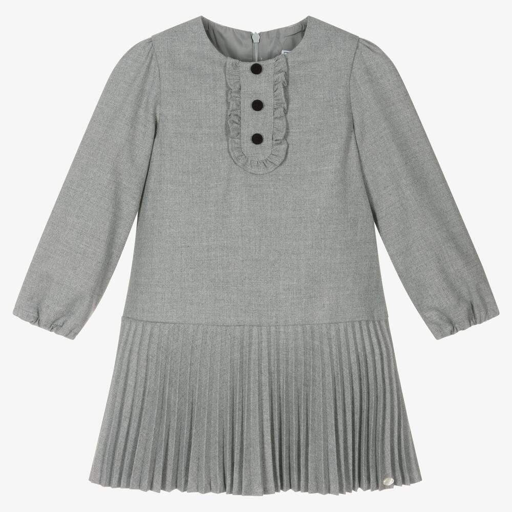 Tartine et Chocolat - Girls Grey Pleated Flannel Dress | Childrensalon