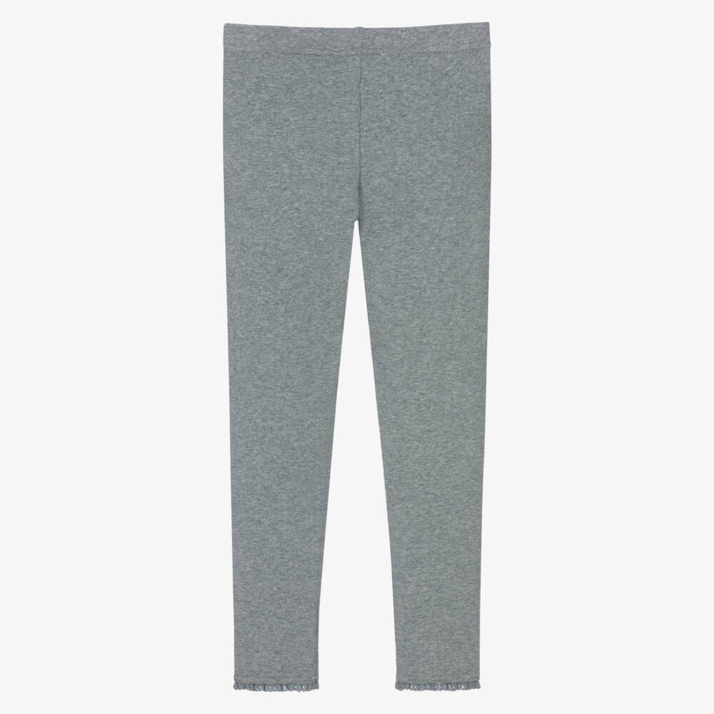 Tartine et Chocolat-Girls Grey Ribbed Cotton Leggings with Lace Trims | Childrensalon Outlet