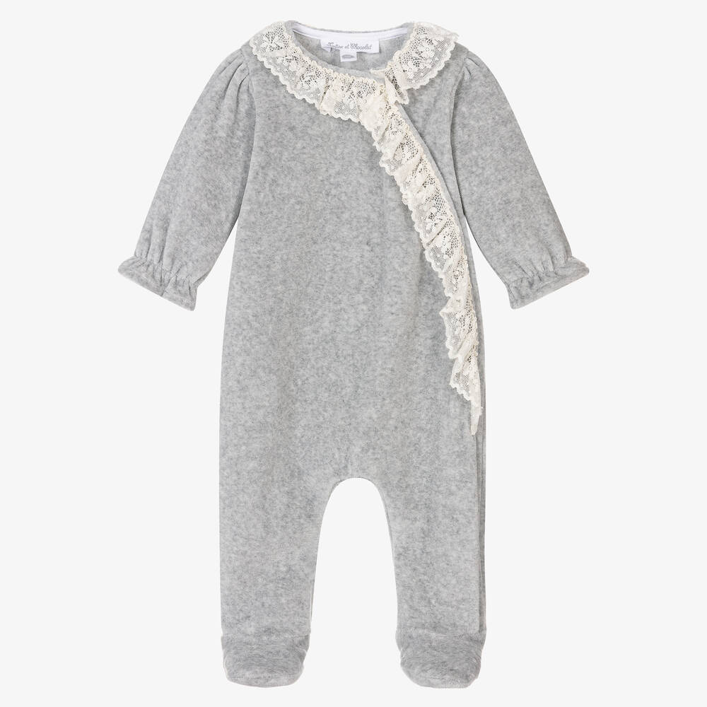 Tartine et Chocolat - Girls Grey Velour & Lace Ruffle Babygrow | Childrensalon