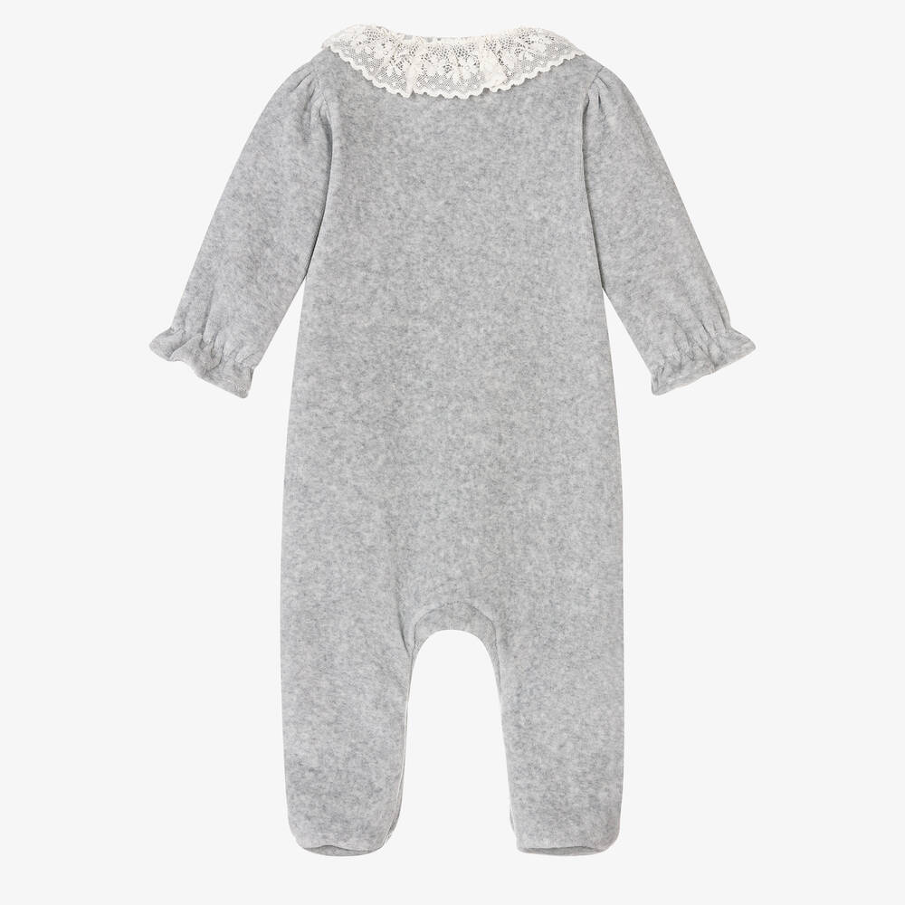 Tartine et Chocolat-Girls Grey Velour & Lace Ruffle Babygrow | Childrensalon Outlet
