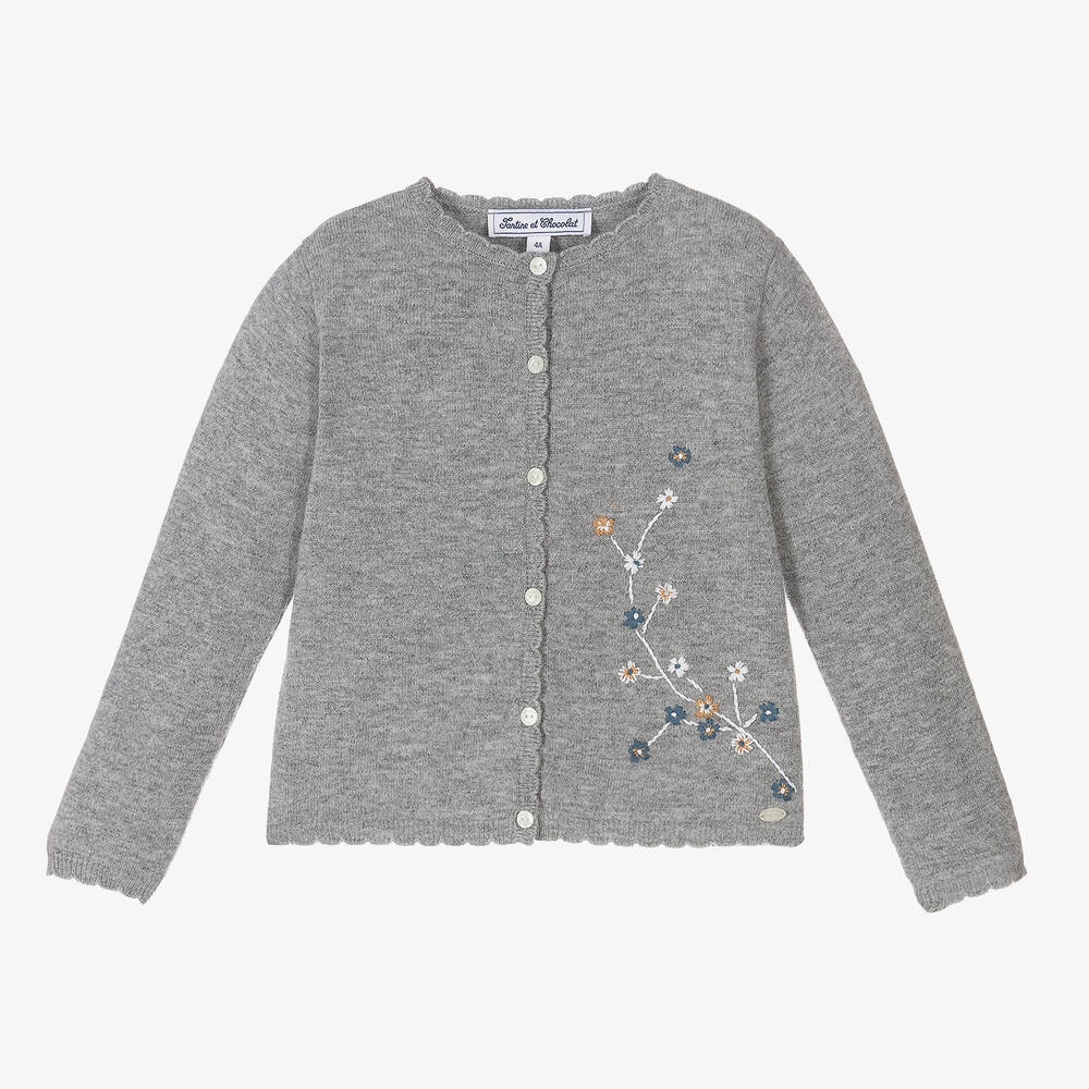 Tartine et Chocolat - Girls Grey Wool Cardigan | Childrensalon