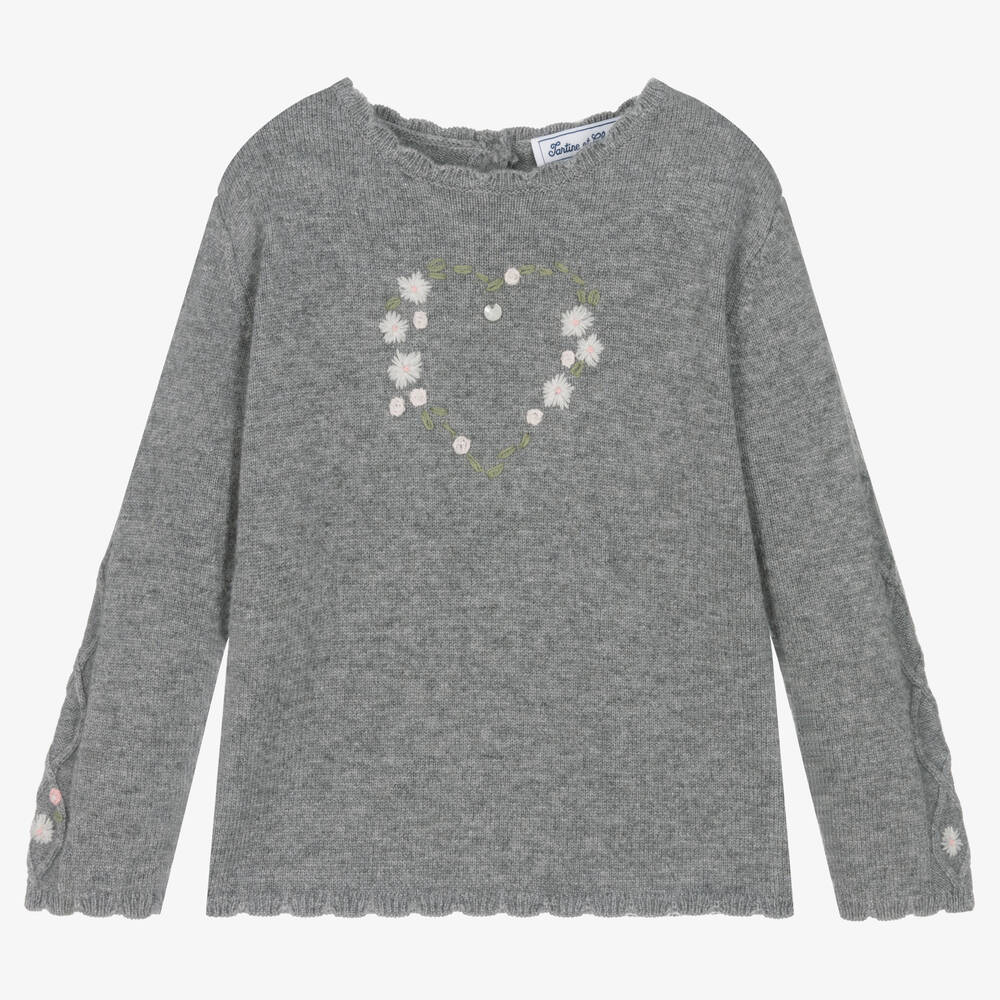 Tartine et Chocolat - Girls Grey Wool & Cashmere Heart Sweater | Childrensalon