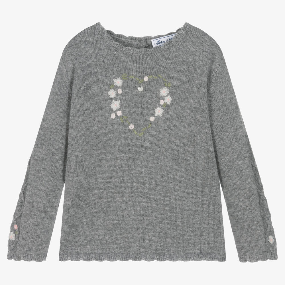 Tartine et Chocolat-Girls Grey Wool & Cashmere Heart Sweater | Childrensalon Outlet