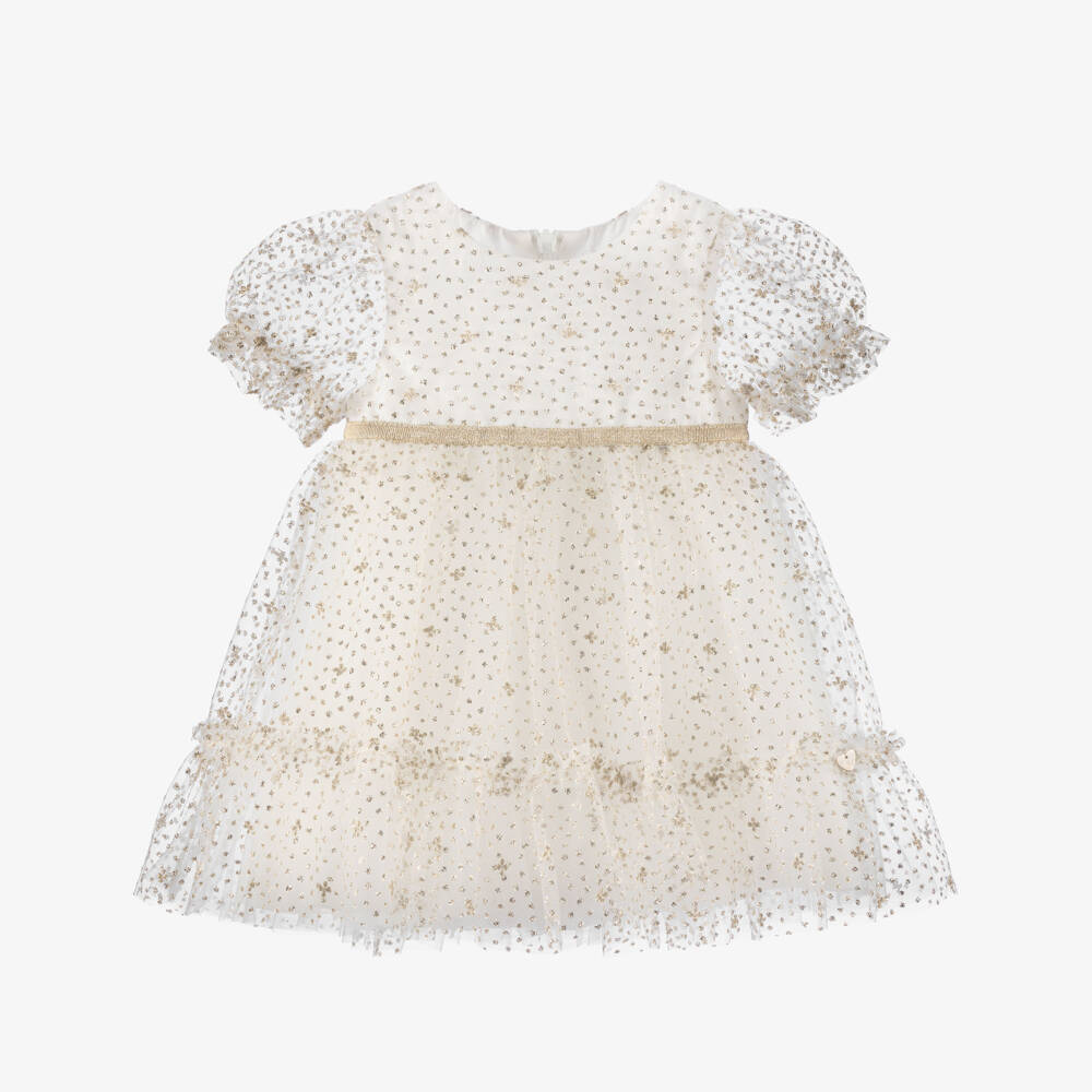 Tartine et Chocolat-Girls Ivory and Gold Sparkle Dress | Childrensalon Outlet